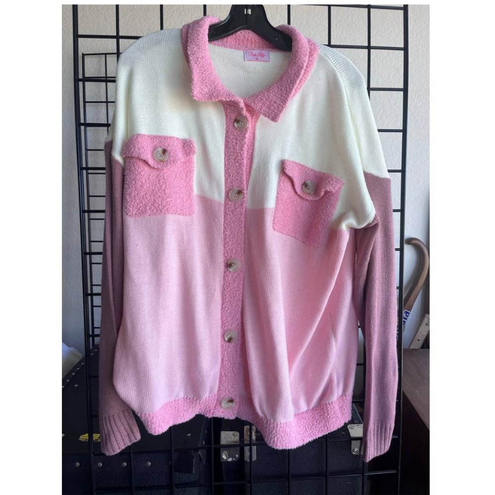 White Pink Sweater Women Medium Long Sleeve